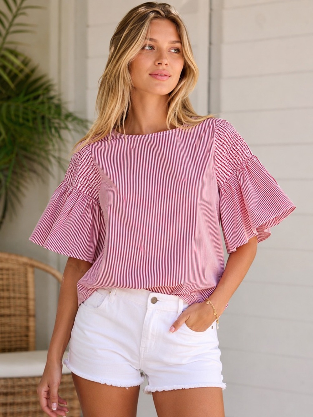 Vineyard Vines Womens XS Red White Striped Bell Sleeve Boho Coastal Blouse Italy